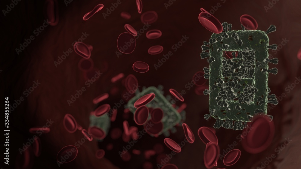 Poster microscopic 3d rendering view of virus shaped as symbol of mobile phone inside vein with red blood c