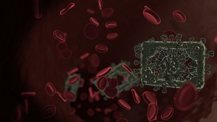 microscopic 3D rendering view of virus shaped as symbol of money  inside vein with red blood cells