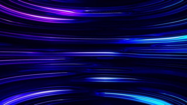Horizontal liquid neon lines shimmer in a smooth bend. Abstract computer generated background, 3d rendering