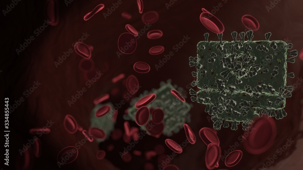 Poster microscopic 3d rendering view of virus shaped as symbol of monitor inside vein with red blood cells