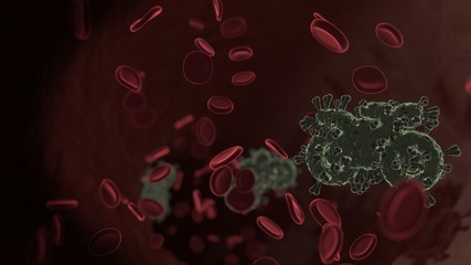 microscopic 3D rendering view of virus shaped as symbol of motorcycle inside vein with red blood cells