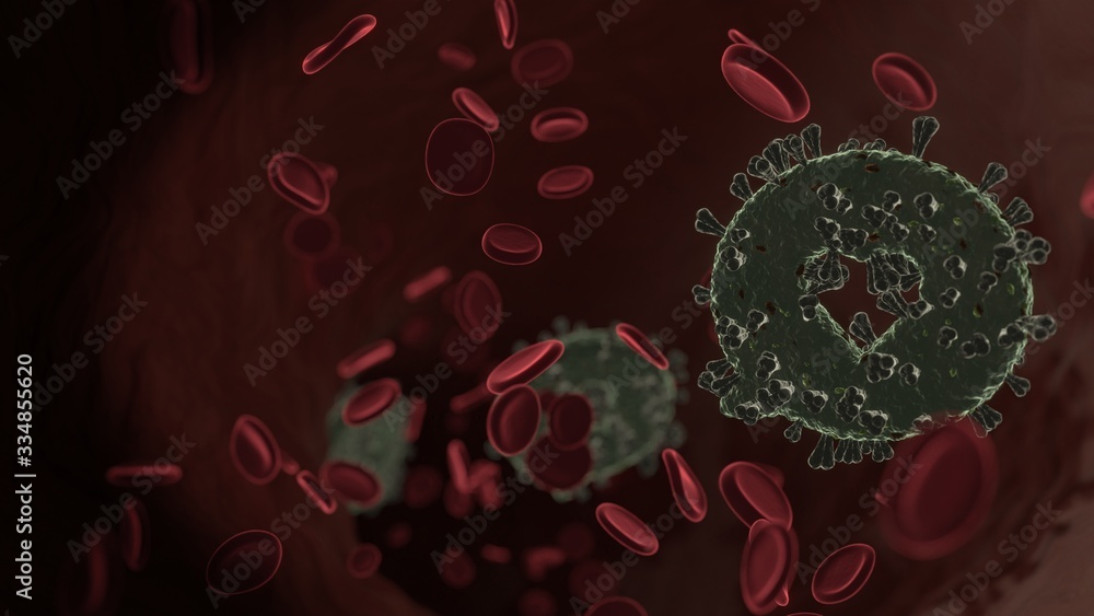 Poster microscopic 3d rendering view of virus shaped as symbol of multimedia inside vein with red blood cel
