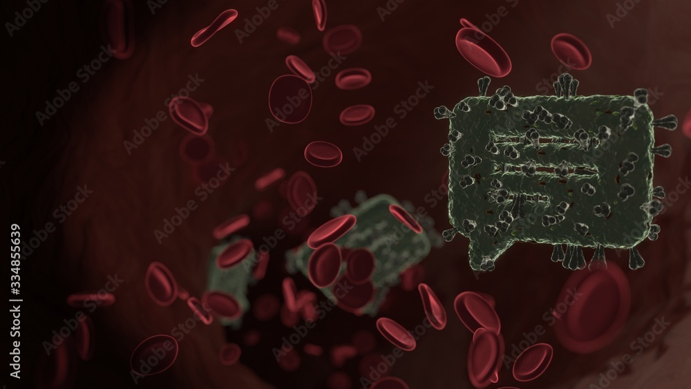 Poster microscopic 3d rendering view of virus shaped as symbol of multimedia inside vein with red blood cel