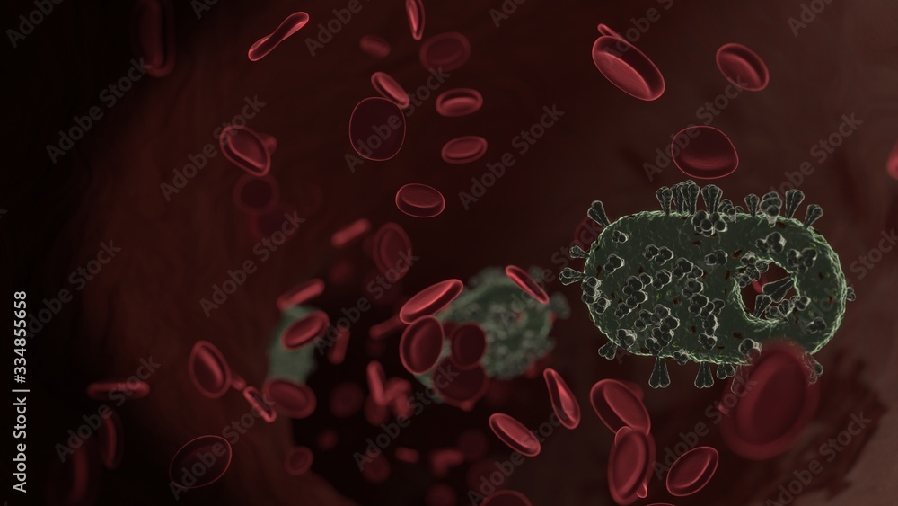 Aufkleber microscopic 3d rendering view of virus shaped as symbol of multimedia inside vein with red blood cel