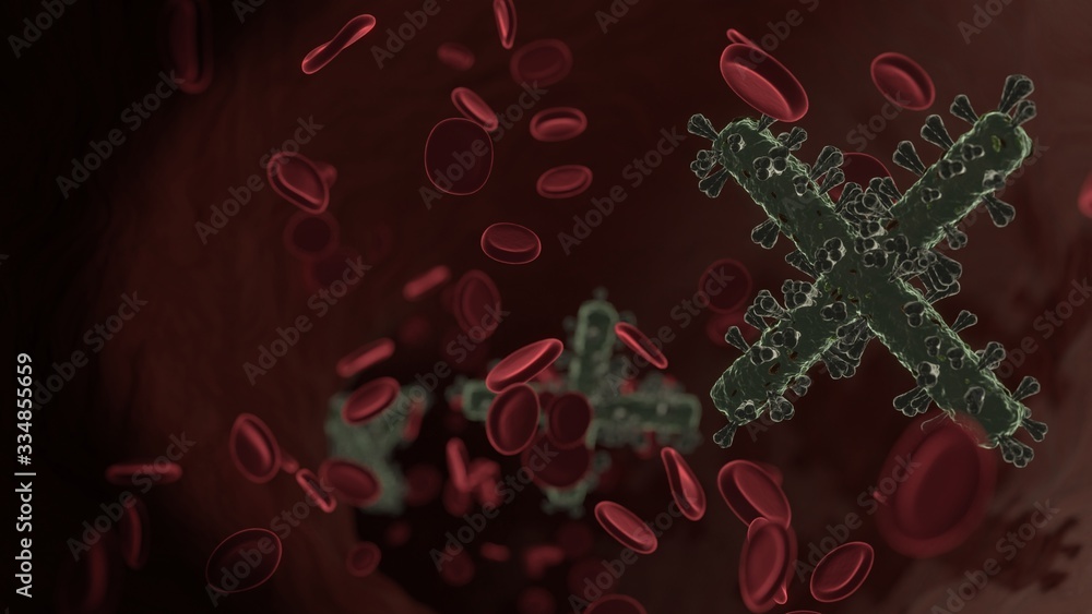 Poster microscopic 3d rendering view of virus shaped as symbol of multiply inside vein with red blood cells