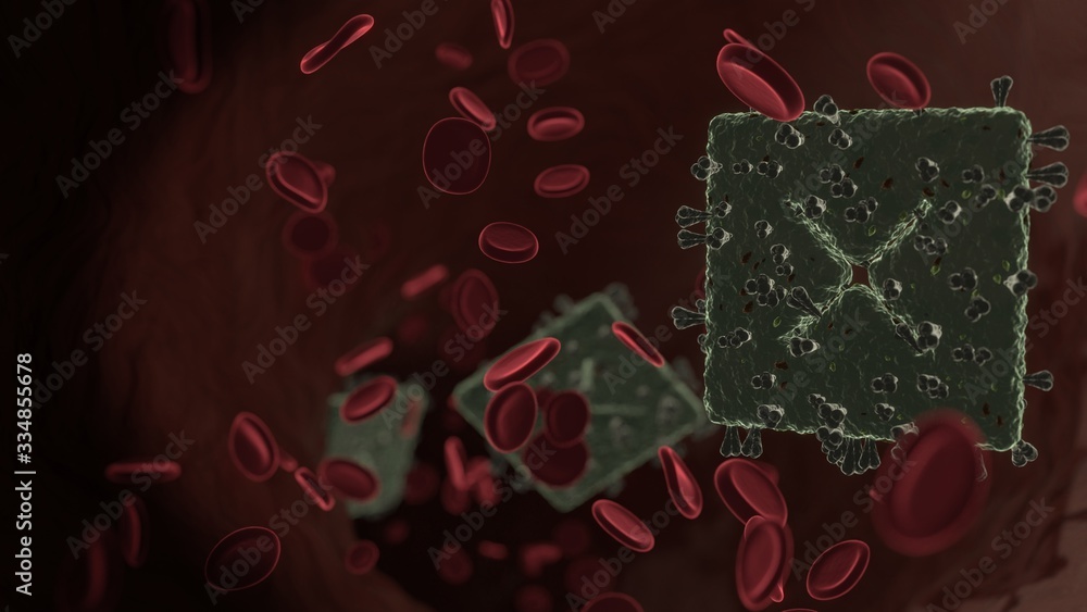 Poster microscopic 3d rendering view of virus shaped as symbol of multiply 1 inside vein with red blood cel