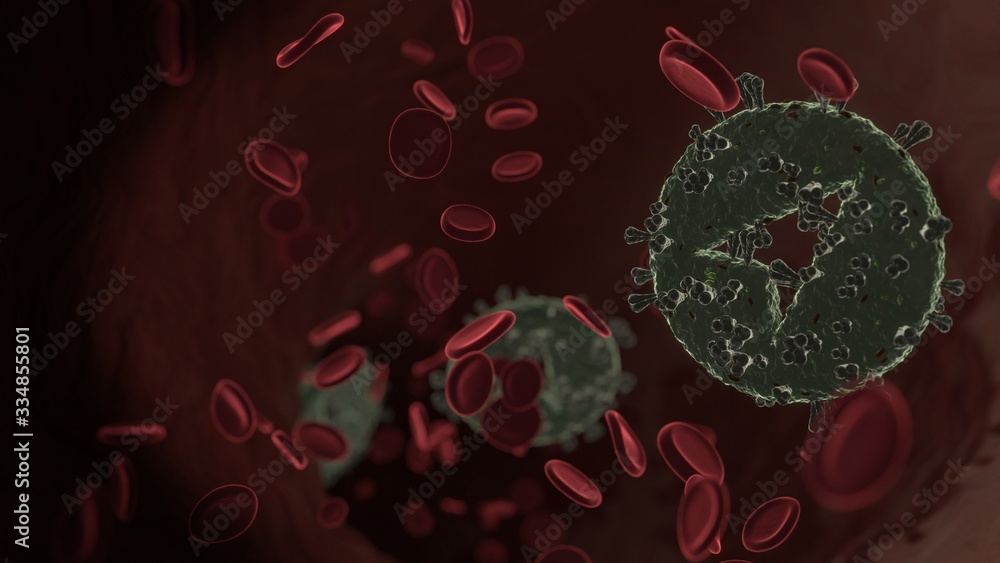 Poster microscopic 3d rendering view of virus shaped as symbol of navigation inside vein with red blood cel