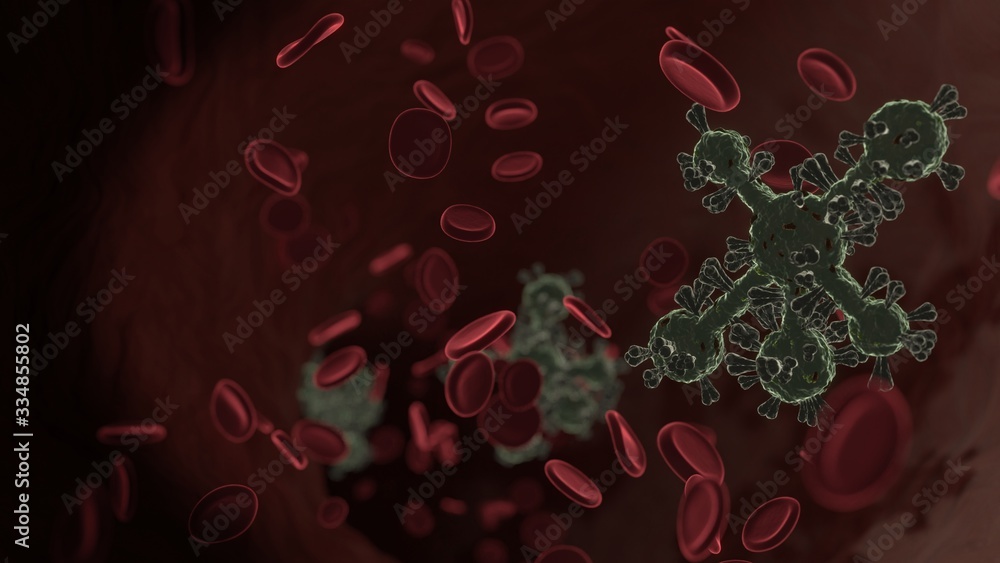 Poster microscopic 3d rendering view of virus shaped as symbol of network inside vein with red blood cells