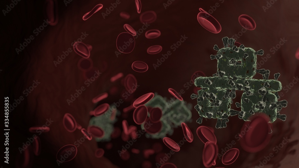 Poster microscopic 3d rendering view of virus shaped as symbol of network wired inside vein with red blood 
