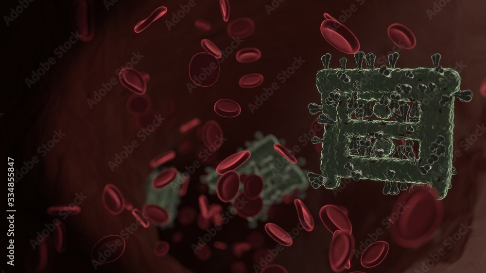 Poster microscopic 3d rendering view of virus shaped as symbol of nightstand inside vein with red blood cel