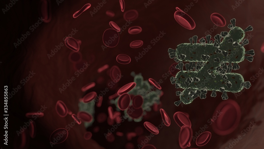 Poster microscopic 3d rendering view of virus shaped as symbol of not equal inside vein with red blood cell