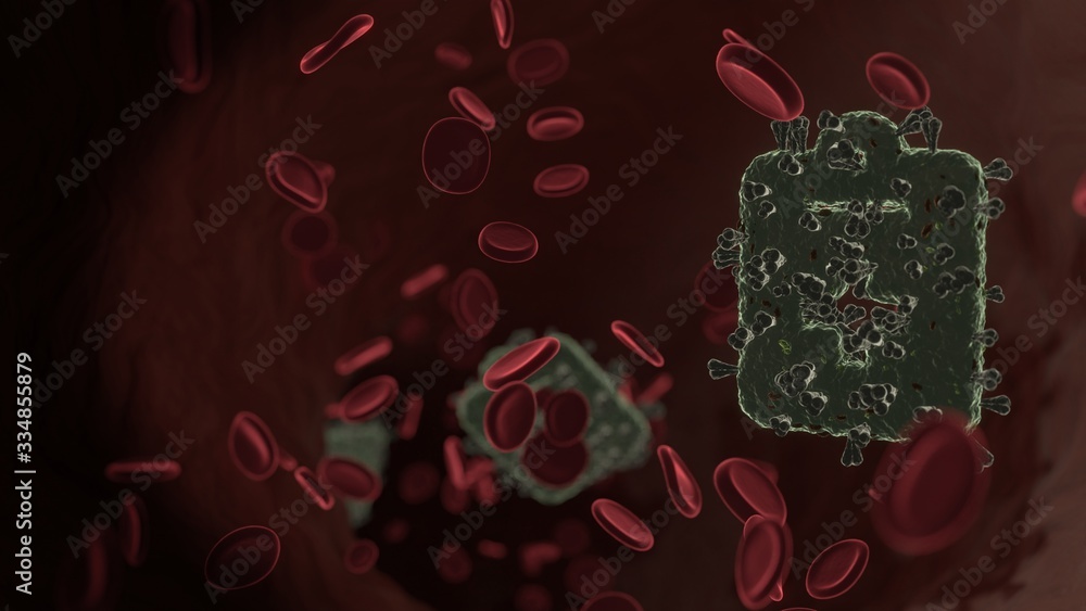 Poster microscopic 3d rendering view of virus shaped as symbol of notes medical inside vein with red blood 