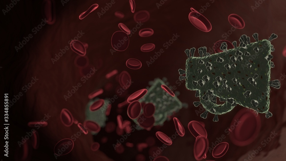 Poster microscopic 3d rendering view of virus shaped as symbol of notification inside vein with red blood c