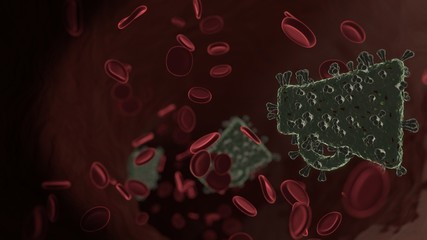 microscopic 3D rendering view of virus shaped as symbol of notification inside vein with red blood cells