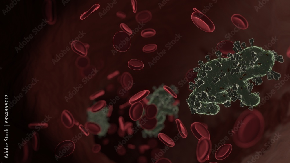 Poster microscopic 3d rendering view of virus shaped as symbol of otter inside vein with red blood cells