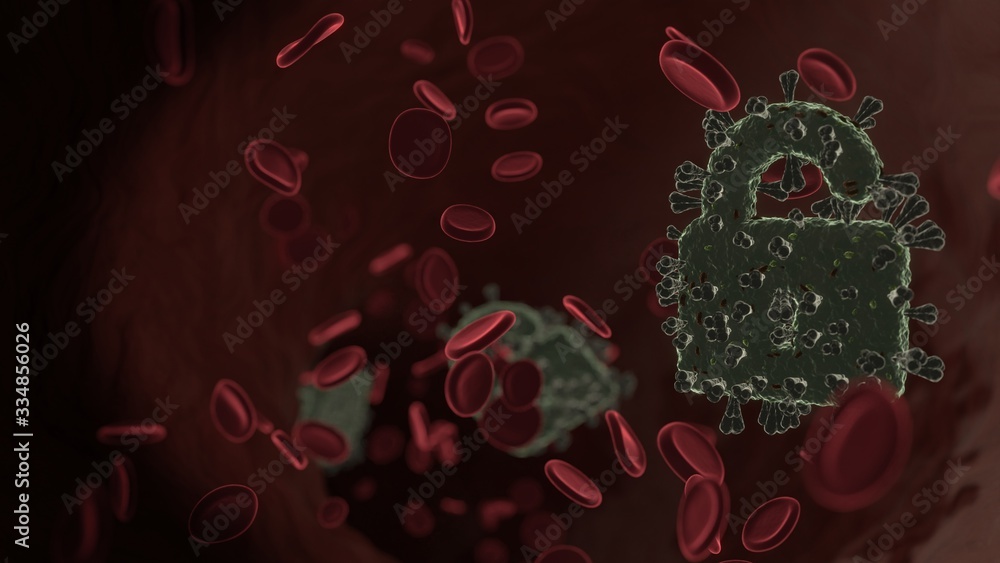 Poster microscopic 3d rendering view of virus shaped as symbol of padlock inside vein with red blood cells