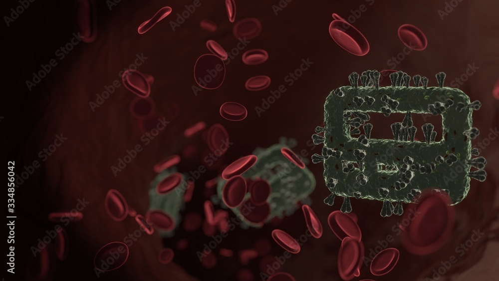 Poster microscopic 3d rendering view of virus shaped as symbol of pager inside vein with red blood cells