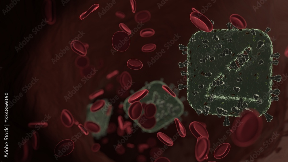 Poster microscopic 3d rendering view of virus shaped as symbol of pages inside vein with red blood cells