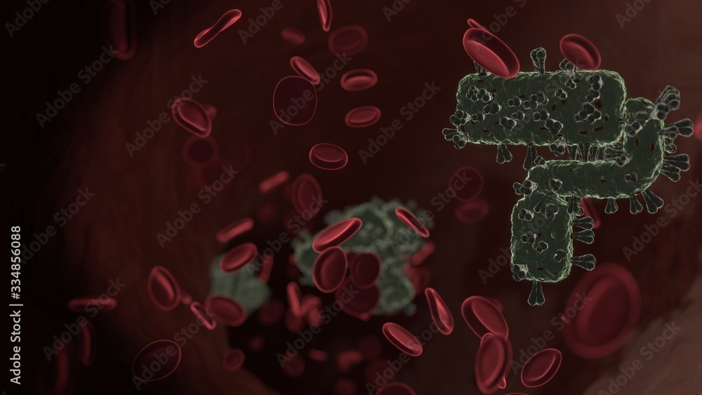 Poster microscopic 3d rendering view of virus shaped as symbol of paint roller inside vein with red blood c