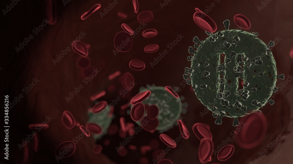 Poster microscopic 3d rendering view of virus shaped as symbol of pause inside vein with red blood cells