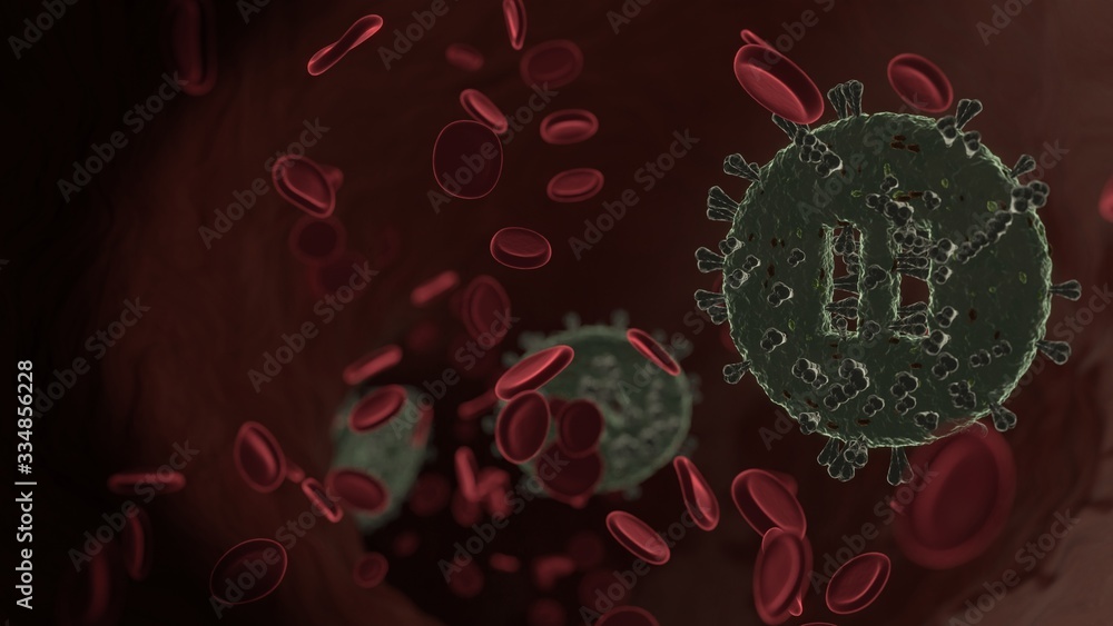 Poster microscopic 3d rendering view of virus shaped as symbol of pause circle inside vein with red blood c