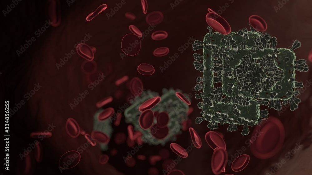 Poster microscopic 3d rendering view of virus shaped as symbol of payment method inside vein with red blood