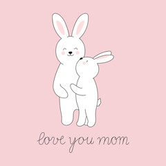 Drawn mother rabbit and baby rabbit on a pink background. Mother's day card in cartoon style.