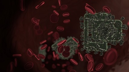 microscopic 3D rendering view of virus shaped as symbol of payment method  inside vein with red blood cells