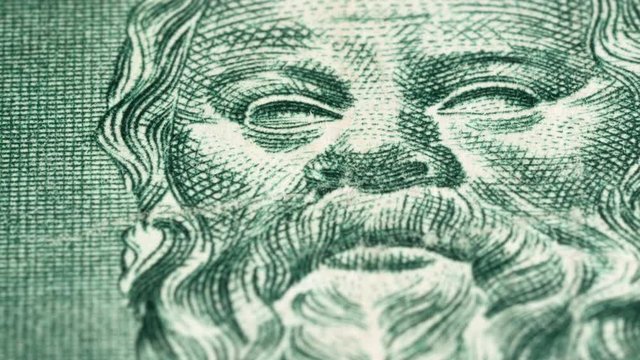 Socrates portrait on Greece 500 drachma (1955) banknote tracking. Slider shot. Low angle, 4K