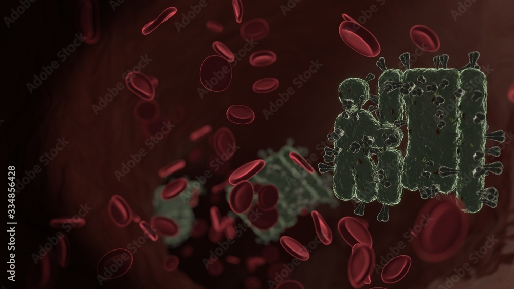 Poster microscopic 3d rendering view of virus shaped as symbol of person booth inside vein with red blood c