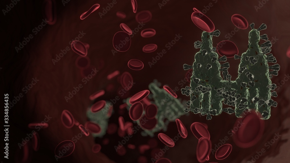 Aufkleber microscopic 3d rendering view of virus shaped as symbol of petronas twin tower inside vein with red 