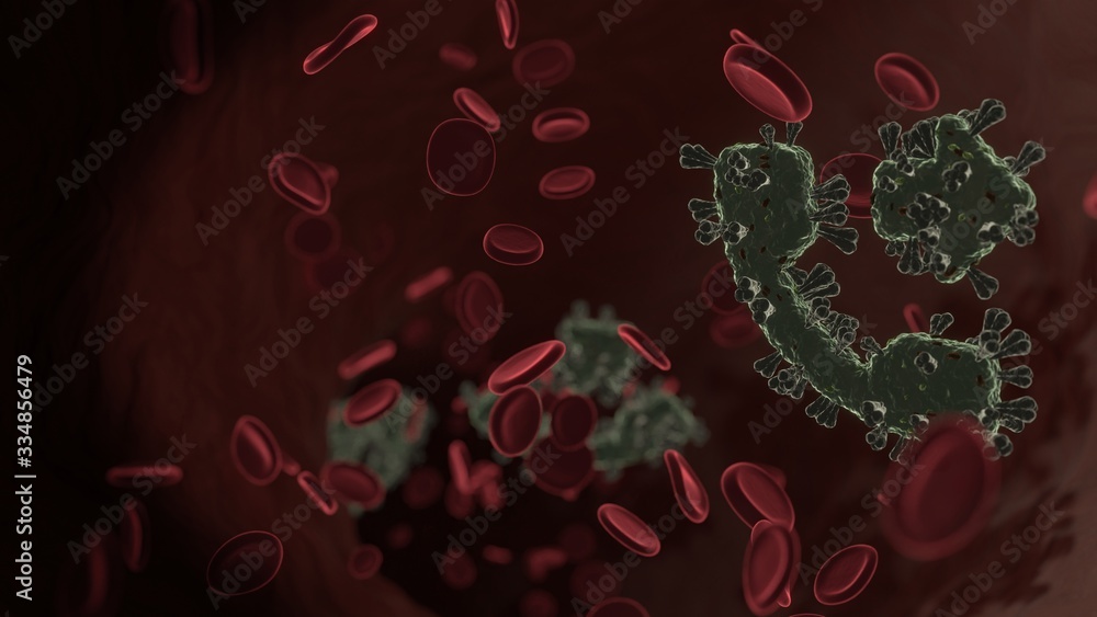 Poster microscopic 3d rendering view of virus shaped as symbol of phone inside vein with red blood cells