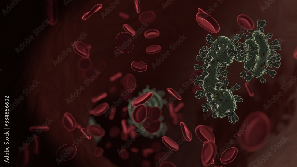Poster microscopic 3d rendering view of virus shaped as symbol of phone volume inside vein with red blood c