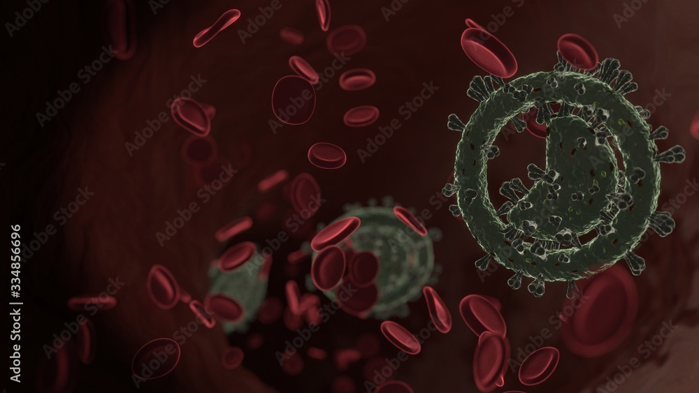 Poster microscopic 3d rendering view of virus shaped as symbol of photo inside vein with red blood cells