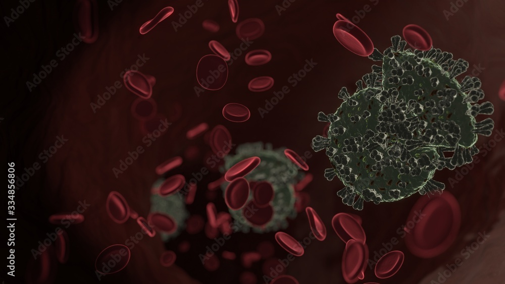 Poster microscopic 3d rendering view of virus shaped as symbol of pie chart inside vein with red blood cell