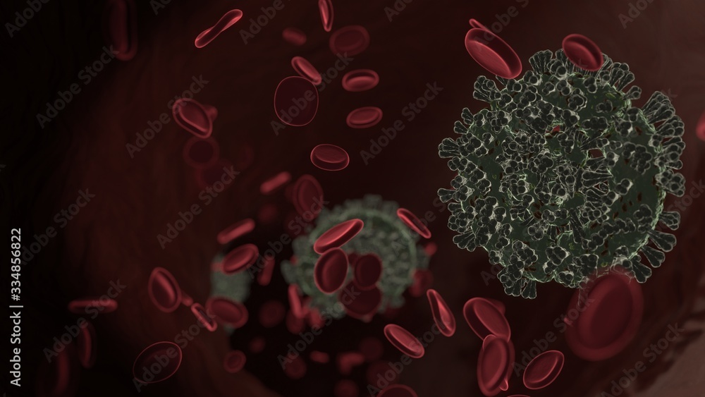 Poster microscopic 3d rendering view of virus shaped as symbol of pie chart inside vein with red blood cell