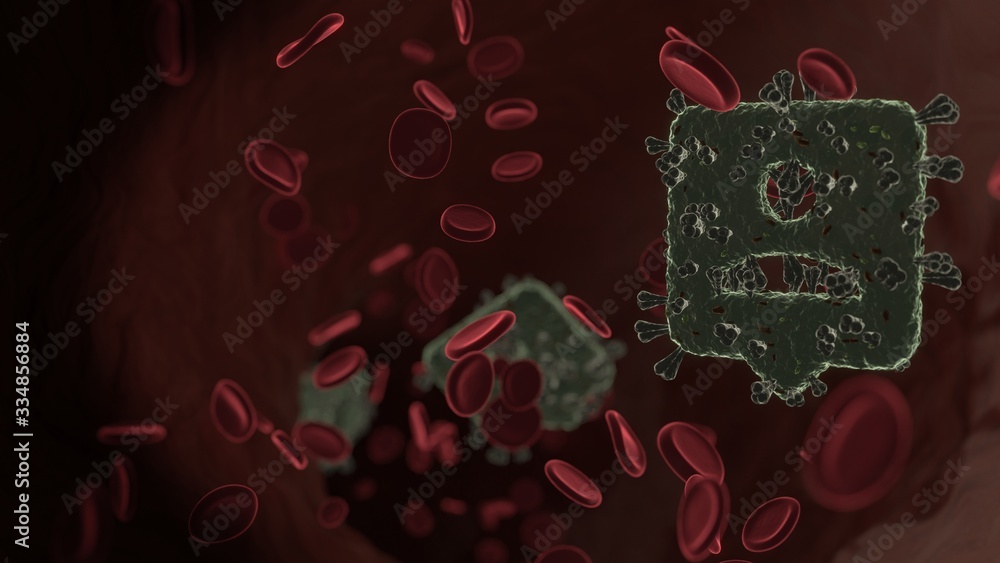 Poster microscopic 3d rendering view of virus shaped as symbol of pin inside vein with red blood cells
