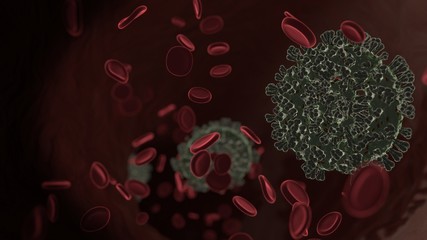 microscopic 3D rendering view of virus shaped as symbol of pie chart  inside vein with red blood cells