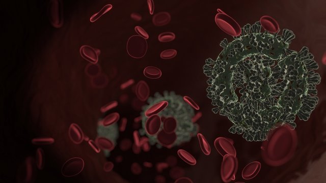 microscopic 3D rendering view of virus shaped as symbol of pie chart  inside vein with red blood cells