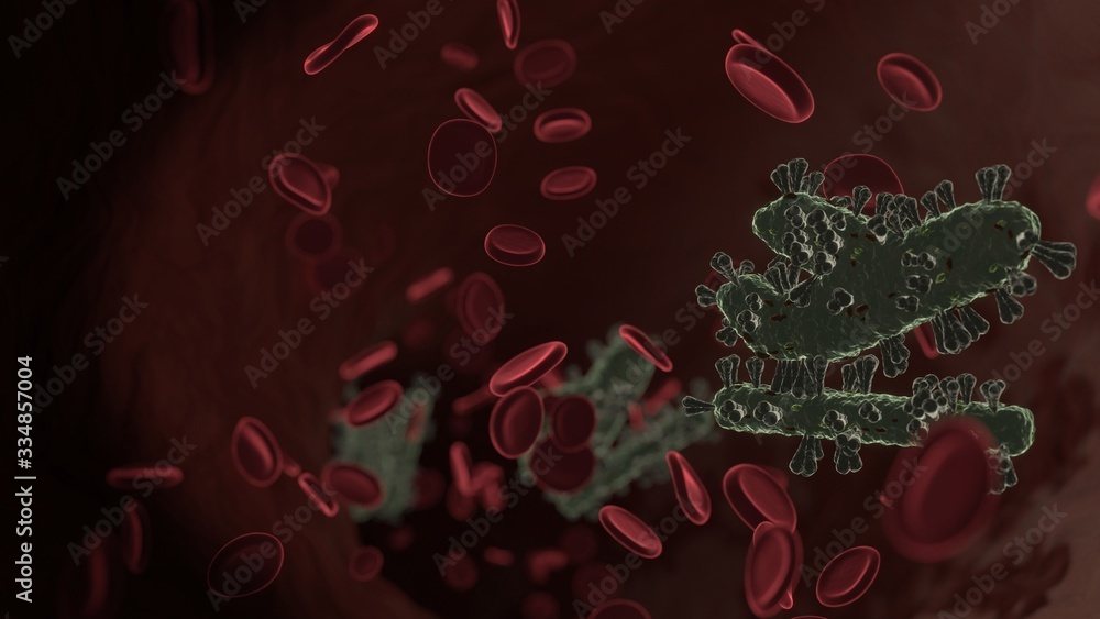 Poster microscopic 3d rendering view of virus shaped as symbol of plane departure inside vein with red bloo