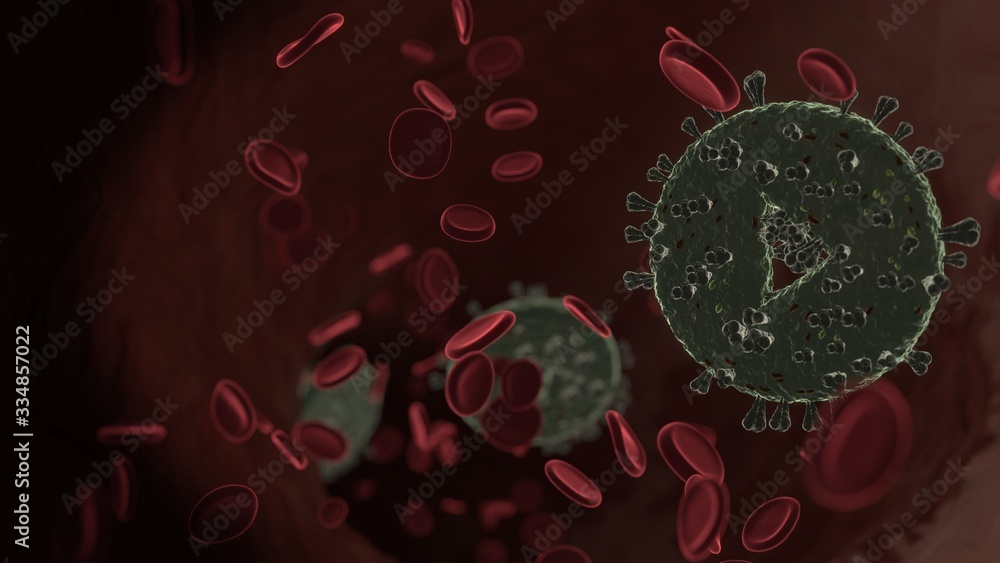 Poster microscopic 3d rendering view of virus shaped as symbol of play inside vein with red blood cells