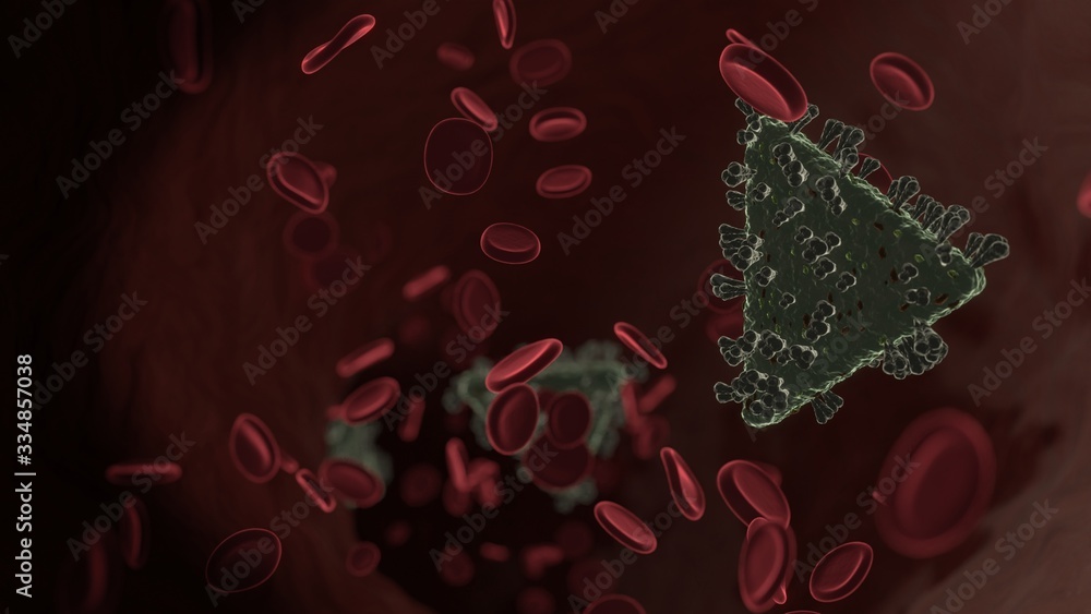 Poster microscopic 3d rendering view of virus shaped as symbol of play button inside vein with red blood ce