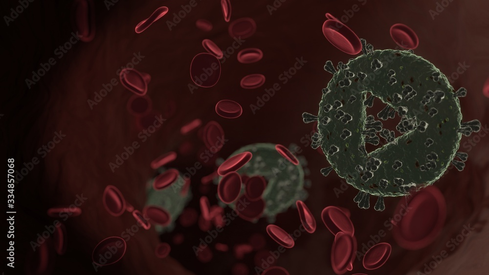 Poster microscopic 3d rendering view of virus shaped as symbol of play circle inside vein with red blood ce