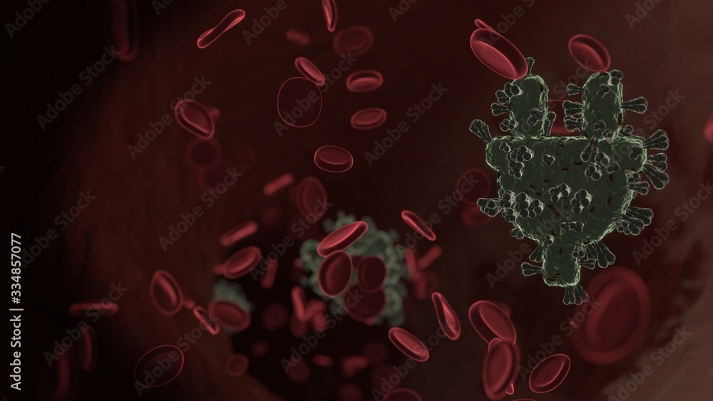 Poster microscopic 3d rendering view of virus shaped as symbol of plug inside vein with red blood cells