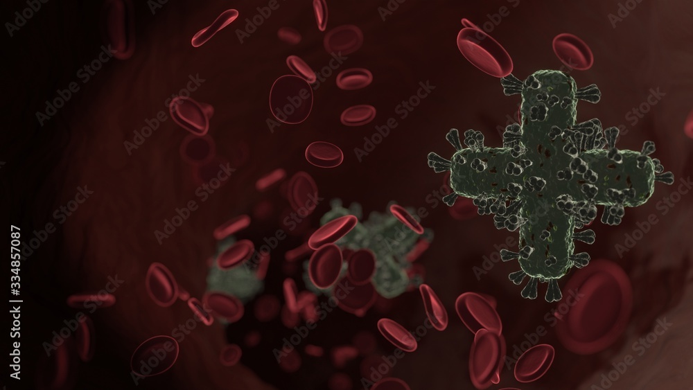 Poster microscopic 3d rendering view of virus shaped as symbol of plus inside vein with red blood cells