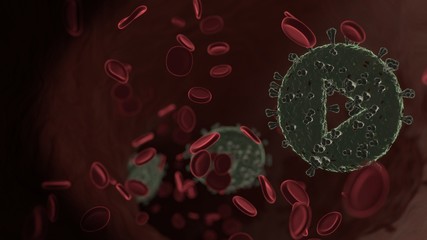 microscopic 3D rendering view of virus shaped as symbol of play button  inside vein with red blood...
