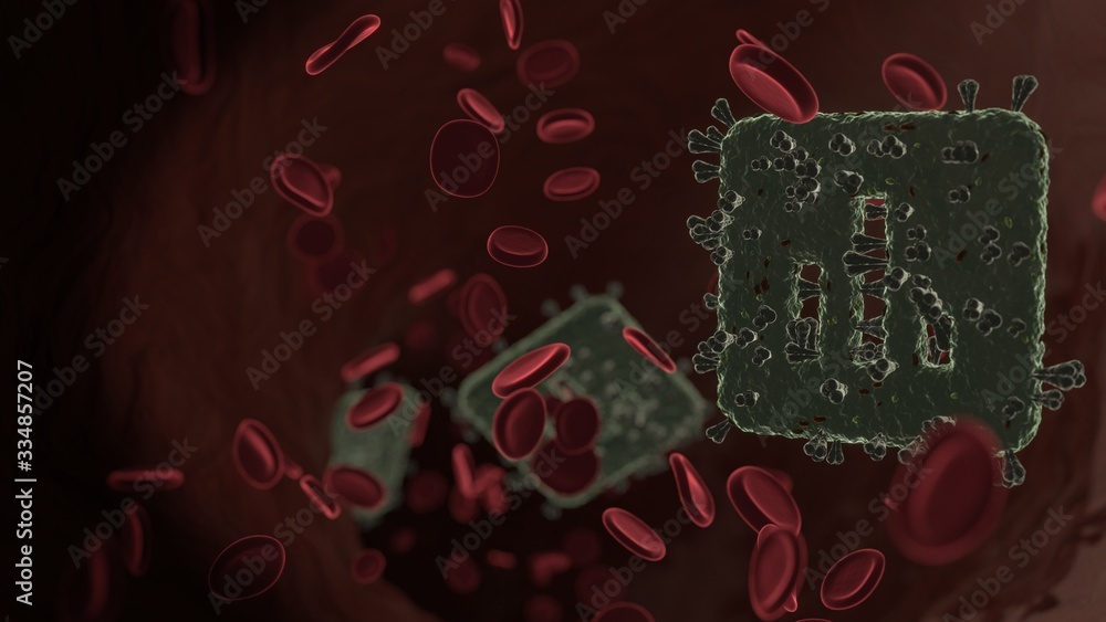 Poster microscopic 3d rendering view of virus shaped as symbol of poll inside vein with red blood cells