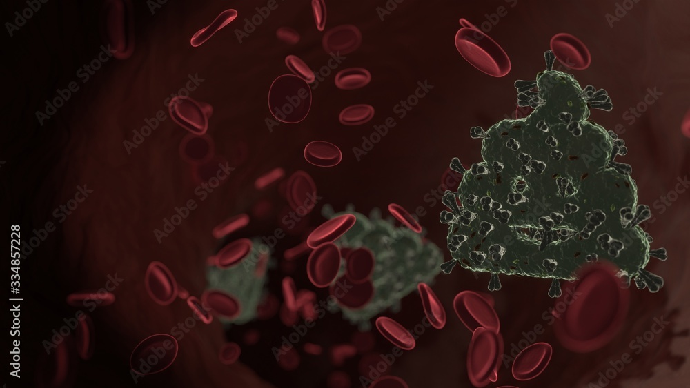 Poster microscopic 3d rendering view of virus shaped as symbol of poo inside vein with red blood cells