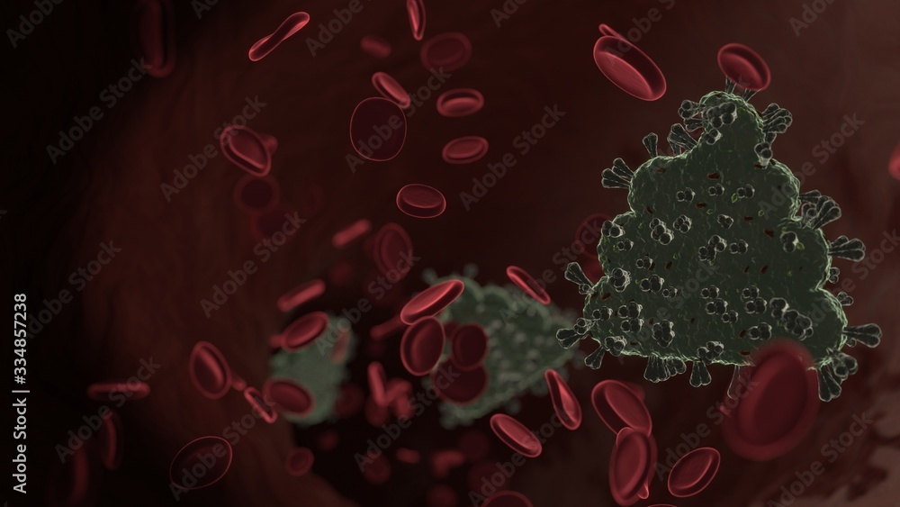 Poster microscopic 3d rendering view of virus shaped as symbol of poop inside vein with red blood cells