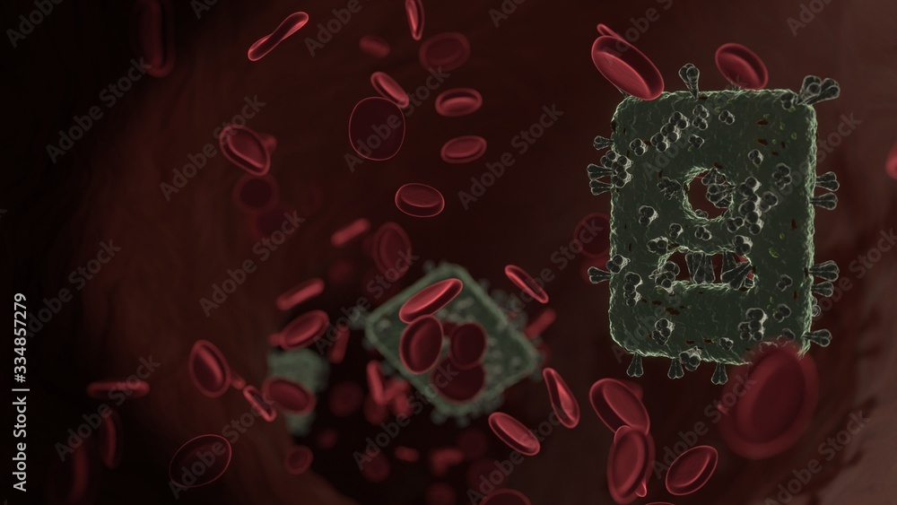 Poster microscopic 3d rendering view of virus shaped as symbol of portrait inside vein with red blood cells